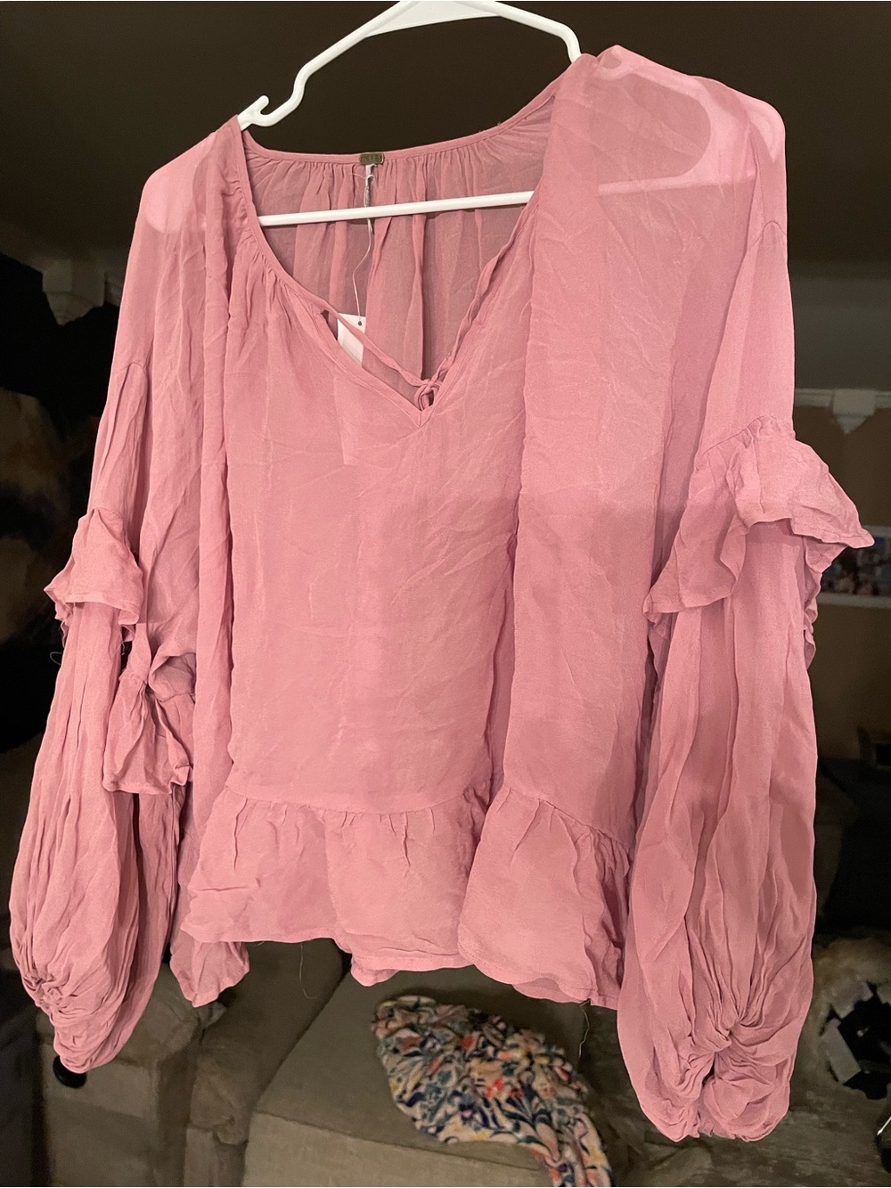 Ruffled V-Neck Long Sleeve Blouse - Pink